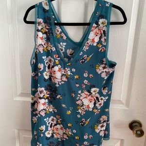 TEAL FLORAL GEORGETTE RAW CHIFFON TRIM TANK